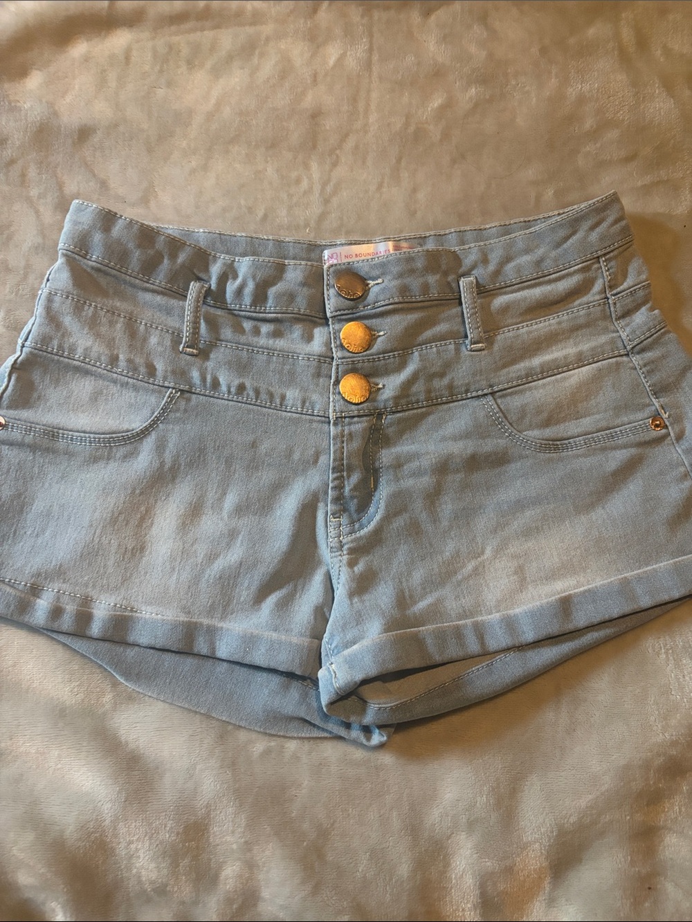 No Boundaries Light Blue High-Waist Denim Shorts with Triple Button Closure